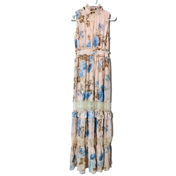 The Vintage Shop Floral Tiered Maxi Dress High Neck Ruffle Lace Detail Size S - Picture 2 of 16